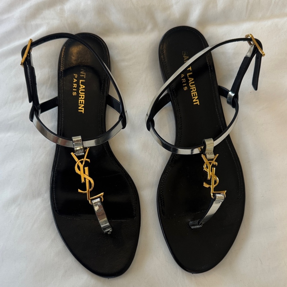Saint Laurent Black and Gold Sandals
